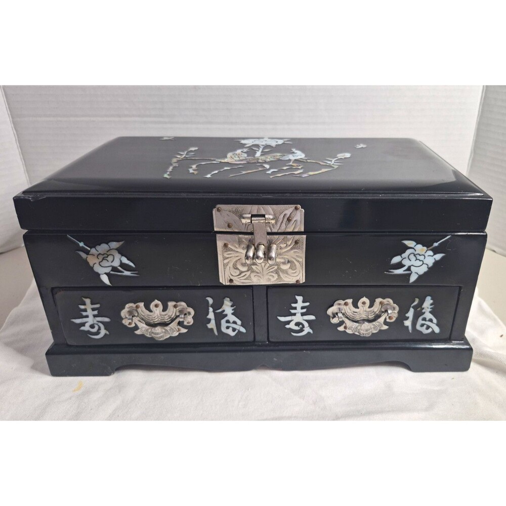 Black Lacquer Inlaid Music Jewelry Box w/ Drawers, Red Velvet Lining, Lock & Key